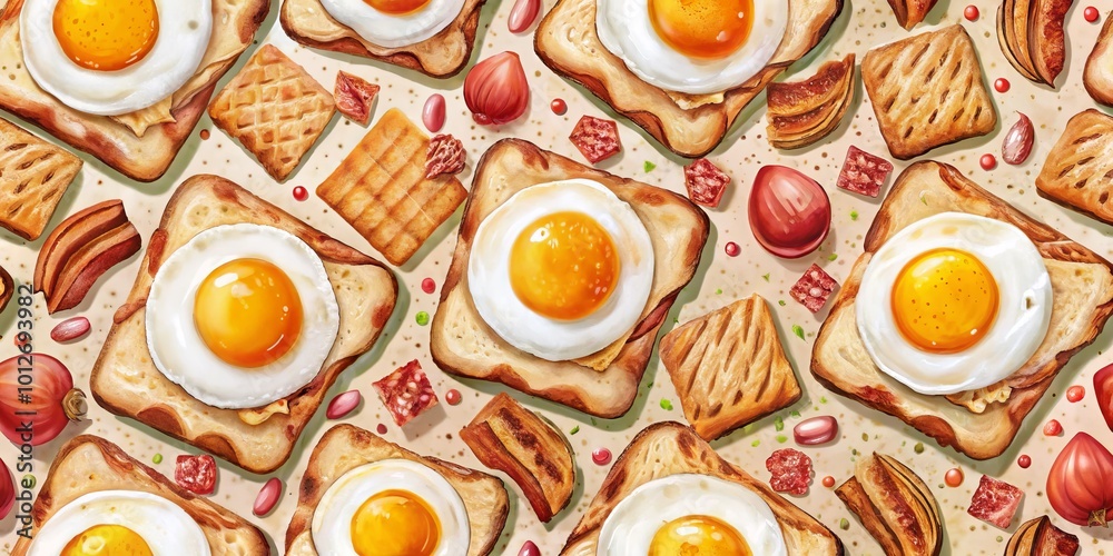 Delightful seamless patterns showcasing fried eggs, crispy bacon, and toast, perfect for enhancing food and kitchen Delightful seamless patterns showcasing fried eggs, crispy bacon, and toast, perfect for enhancing food and kitchen