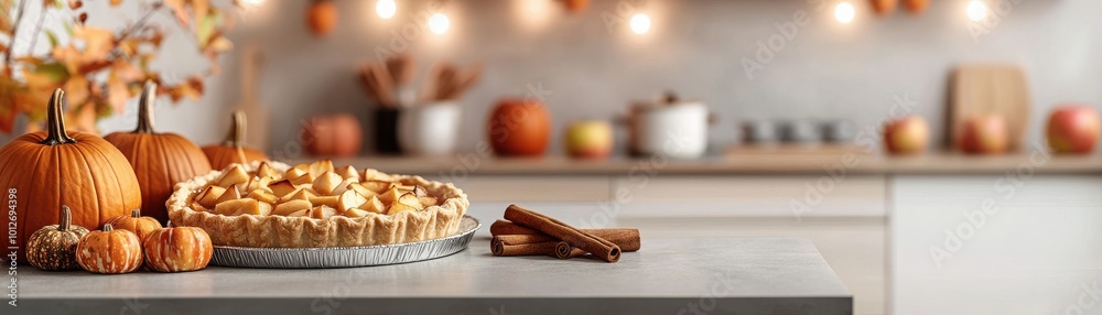 Pumpkin pie on kitchen counter with autumn decor and bokeh lights. Pumpkin pie on kitchen counter with autumn decor and bokeh lights.