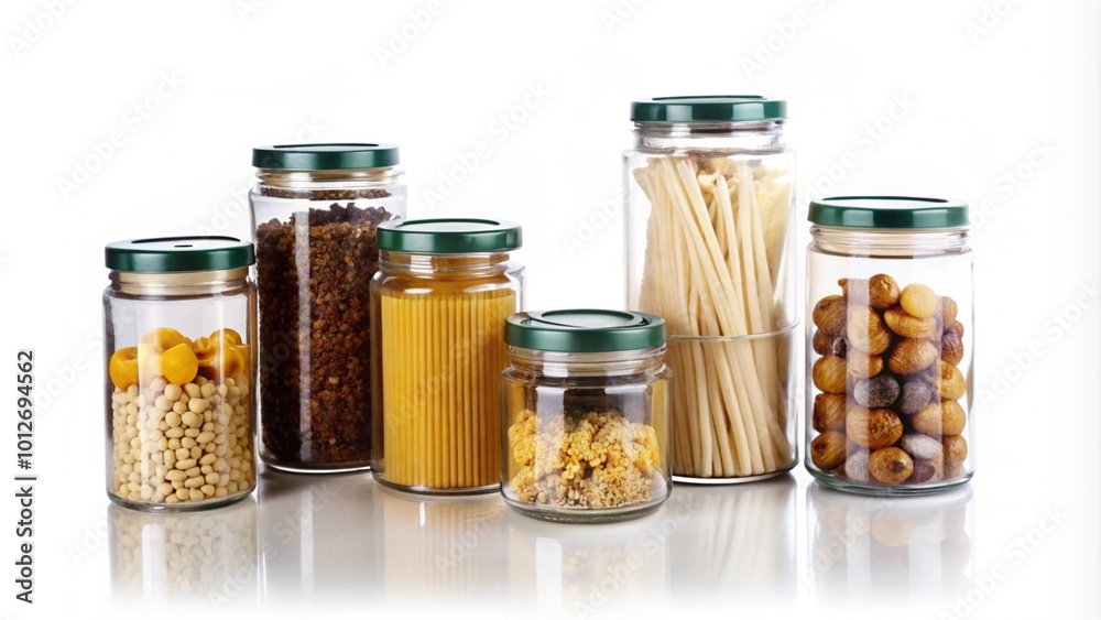 Various glass jars filled with different food items for storage. Various glass jars filled with different food items for storage.