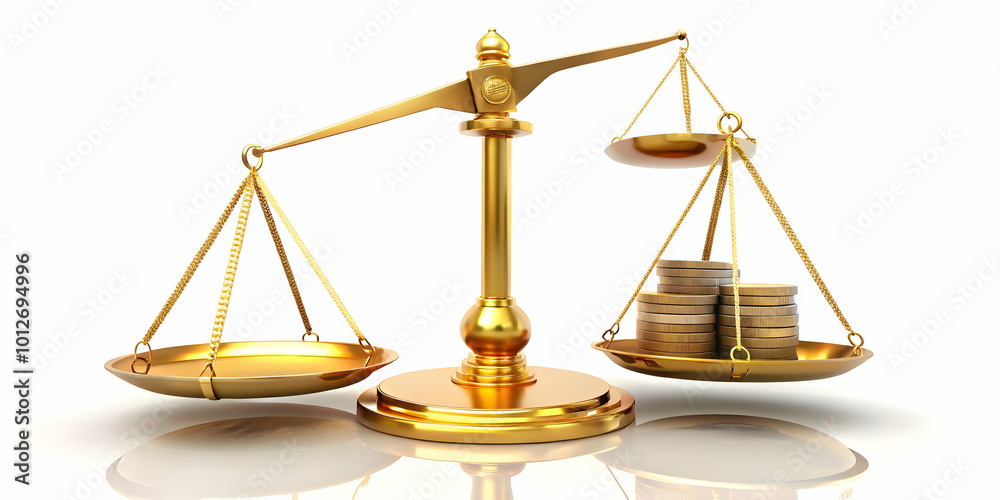 Flying golden scales balancing money and time symbolizing time management. concept as A detailed image of golden scales balancing a clock on one side and money on the other floating against a white ba Flying golden scales balancing money and time symbolizing time management. concept as A detailed image of golden scales balancing a clock on one side and money on the other floating against a white ba