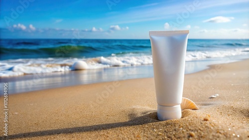 Forced perspective mockup of a tube of cream on the seashore or ocean sunscreen or lotion