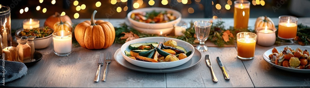 Festive autumn dinner table with pumpkins and candles. Festive autumn dinner table with pumpkins and candles.