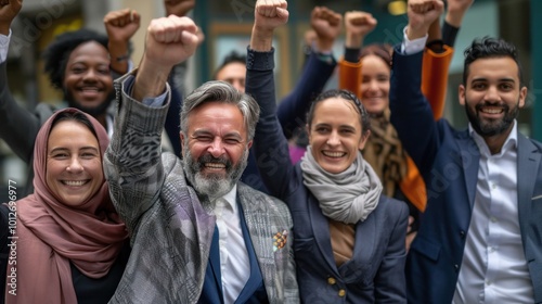 Triumphant Diverse Business Group Celebrating with Fist Up Outside Company Building