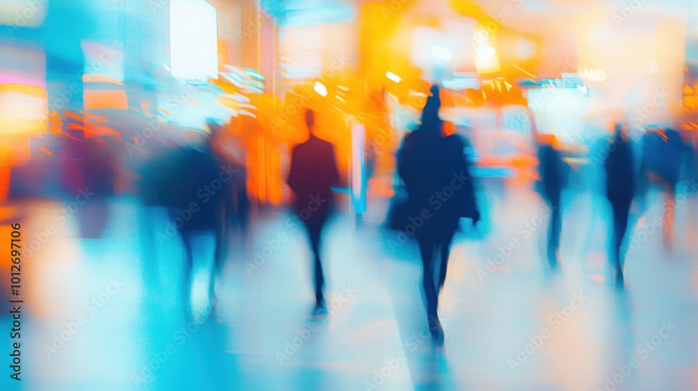 An abstract defocused scene capturing the energy of a tradeshow or job fair, with colorful lights and blurred figures in motion. The vibrant atmosphere evokes excitement and networking opportunities