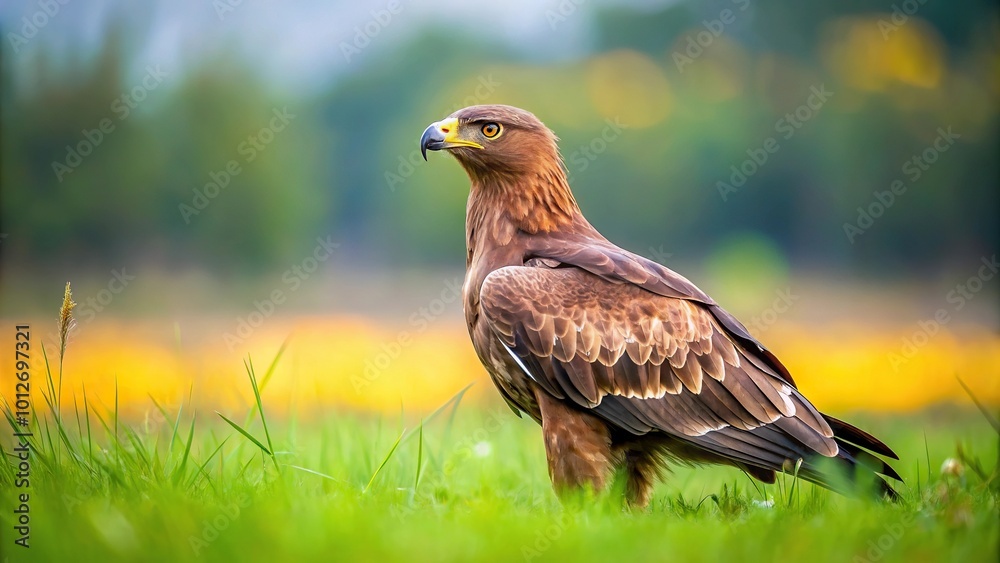 Forced perspective of a lesser spotted eagle perched on a meadow Forced perspective of a lesser spotted eagle perched on a meadow