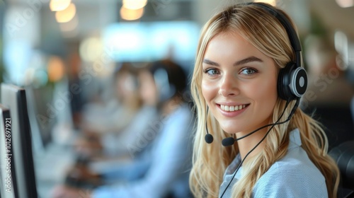 Helpful Female Call Center Operator with Headphones Providing Friendly Assistance