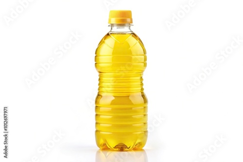 Forced perspective of a yellow bottle of water isolated on white background