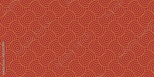 Oriental Seamless Pattern in Geometric Traditional Style. Red and Golden Abstract Waves and Circles. Modern Asian Vector Design for Lunar Festive Decorations and Wallpaper. Premium Vintage Elegance.