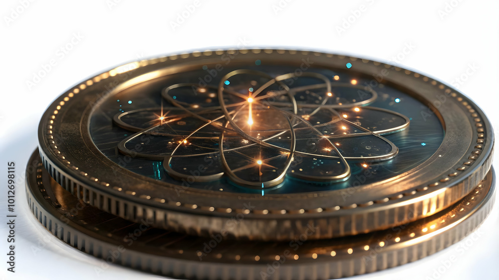 Flat Quantum Coin Minting: Extreme Close-Up of Subatomic Particles Forming a Shimmering Holographic Coin, Capturing Intricate Quantum Dance and Cryptocurrency Symbols in Simple Vector Illustration Flat Quantum Coin Minting: Extreme Close-Up of Subatomic Particles Forming a Shimmering Holographic Coin, Capturing Intricate Quantum Dance and Cryptocurrency Symbols in Simple Vector Illustration