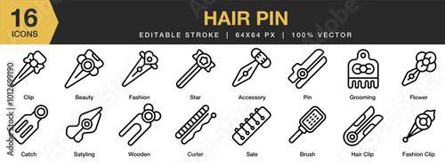 Hair Pin icon set. Editable Stroke Icon Collection. Includes accessory, beauty, brush, catch, clip, and More. Outline icons vector collection.