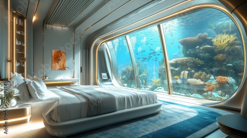 Wallpaper Mural A luxurious underwater hotel room with floor-to-ceiling windows, offering views of vibrant marine life in a futuristic ocean city. Torontodigital.ca
