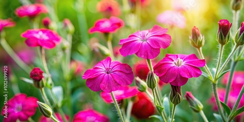 Forced perspective of flowering rose campion plant with pink flowers in summer garden