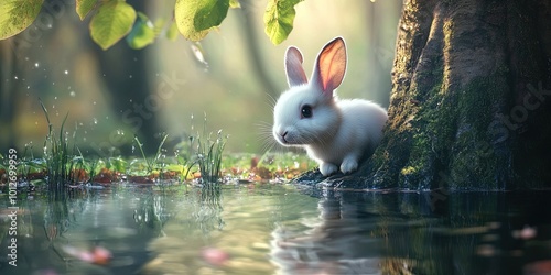 A cute baby white rabbit peeking out from behind the tree, with its sticking out playfully at the water's edge