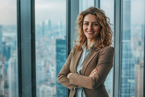 A confident and successful businesswoman standing in a modern office, surrounded by windows with a city view, showcasing her leadership and achievements