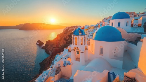 A panoramic view of Santorini, Greece, with its iconic white-washed buildings, blue-domed churches, and a stunning sunset over the Aegean Sea.