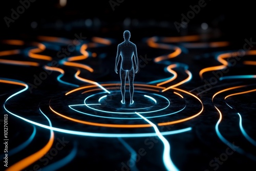 3D-rendered depiction of free will, with a digital figure standing at the center of glowing pathways, choosing their direction in a virtual world