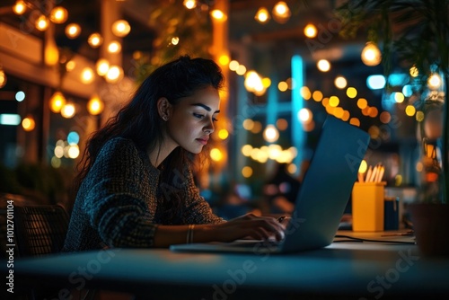 A female startup founder working late in a vibrant co-working space, refining her business model and collaborating with her team, reflecting her dedication and vision photo