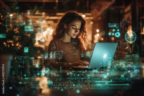 A female tech entrepreneur in a modern startup office, coding on her laptop, surrounded by futuristic technology and development tools, representing her success in tech