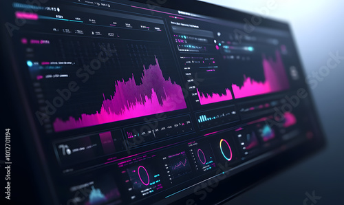 Futuristic financial dashboards and luxury business charts with glowing neon lines, gold accents, and connected nodes for corporate branding.