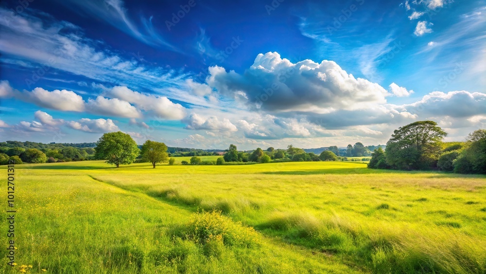 Fototapeta premium Forced perspective of meadow fields with blue sky in English countryside