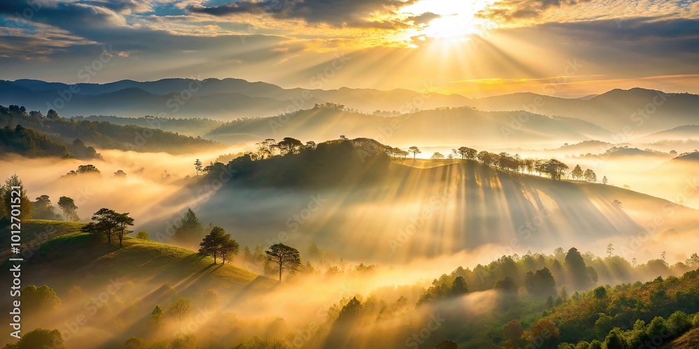 Forced perspective of misty morning in hilly area with ray of light Forced perspective of misty morning in hilly area with ray of light