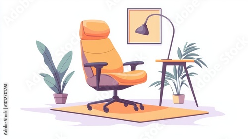 Yoga for stress relief, business wellness scene, office chair and yoga mat, relaxing pastel colors, flat design, isolated on white background.