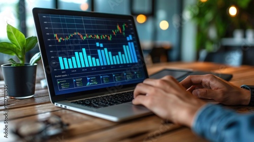 Businessman Analyzing Marketing & Finance Graphs on Laptop in Office