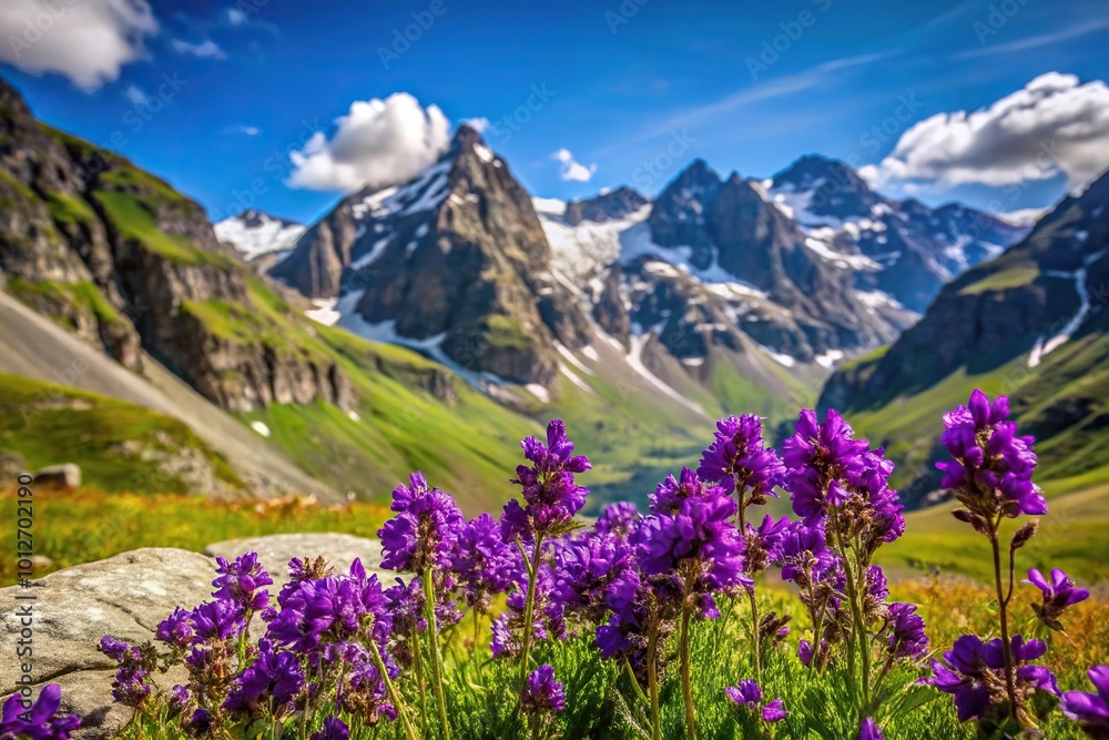 Fototapeta premium Forced perspective of purple wild flowers with mountain range in background