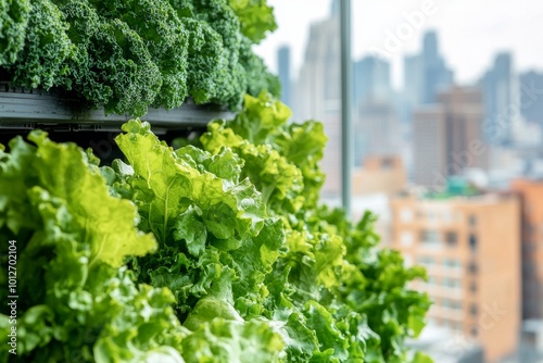 Aeroponic Towers Growing Vegetables in Urban Vertical Farming System for Sustainable Agriculture with Copy Space photo