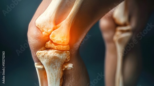 The detailed close-up of a knee joint with worn-out cartilage