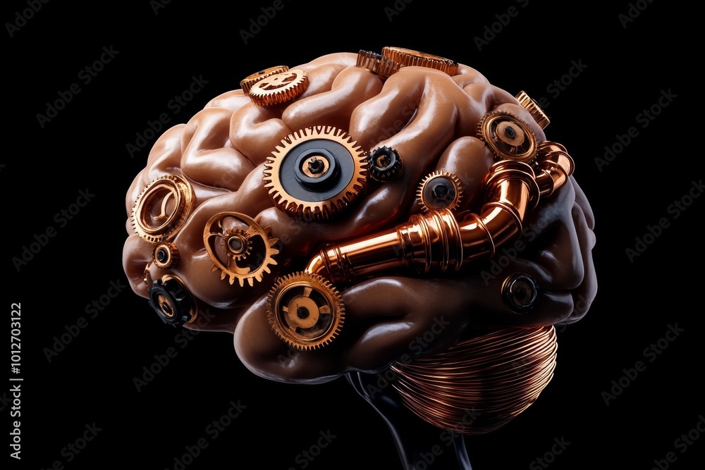 A realistic steampunk brain with copper pipes and gears turning, symbolizing mechanical thought A realistic steampunk brain with copper pipes and gears turning, symbolizing mechanical thought