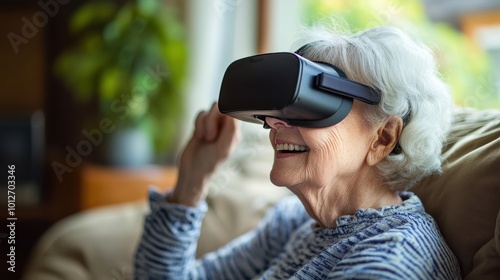 A senior with a disability enjoying a virtual reality experience, exploring a simulated world from their living room.