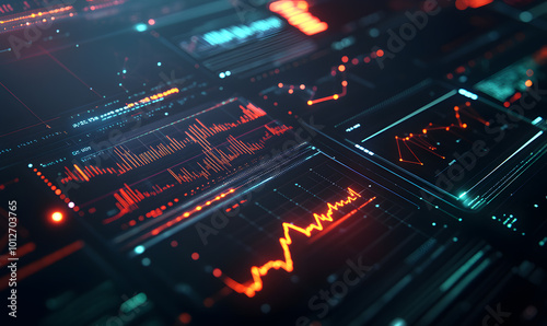 Futuristic financial dashboards and luxury business charts with glowing neon lines, gold accents, and connected nodes for corporate branding.