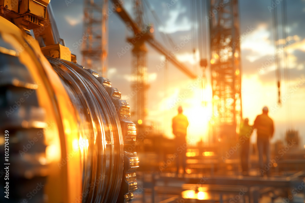 A construction site at sunset with machinery and workers silhouetted against the golden light, showcasing industrial progress. A construction site at sunset with machinery and workers silhouetted against the golden light, showcasing industrial progress.