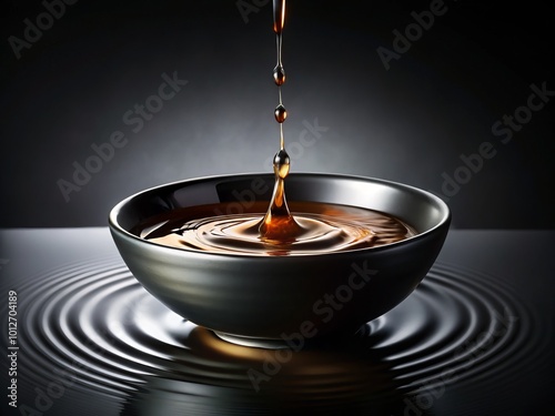 Liquid cascades into a black bowl, generating ripples that dance in the dark, enhancing the mood and creating