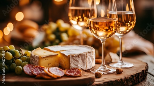 A close-up of a rustic cheese and wine pairing beautifully arranged on a wooden table under warm lighting