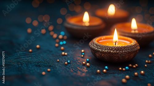 Intricate decorative items, festive candles, and colorful beads on a dark wooden surface with soft warm ambient light. Suitable for diwali greeting card mockup banner.