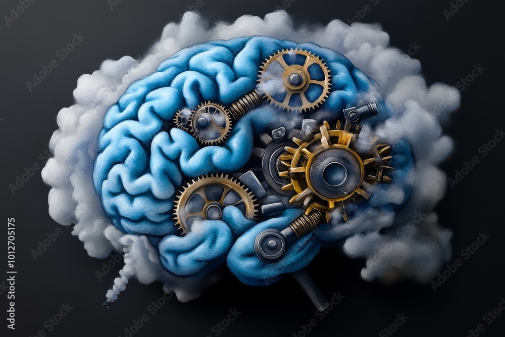 Delicate watercolor depiction of a steampunk brain, with soft gears and pipes, steam blending smoothly into the background Delicate watercolor depiction of a steampunk brain, with soft gears and pipes, steam blending smoothly into the background