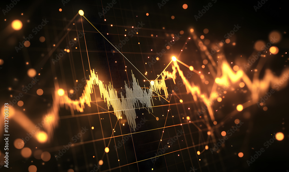 Fototapeta premium Futuristic financial dashboards and luxury business charts with glowing neon lines, gold accents, and connected nodes for corporate branding.