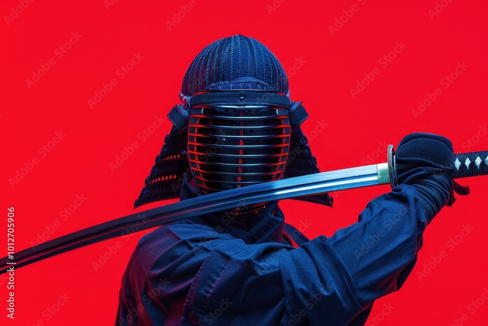 Male kendo fighter with katana on red background wearing a dark mask photographed in a studio with clipping path Male kendo fighter with katana on red background wearing a dark mask photographed in a studio with clipping path