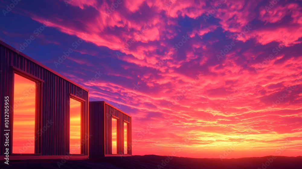 A mesmerizing sunset with vibrant colors illuminating modern architecture against a dramatic sky. A mesmerizing sunset with vibrant colors illuminating modern architecture against a dramatic sky.