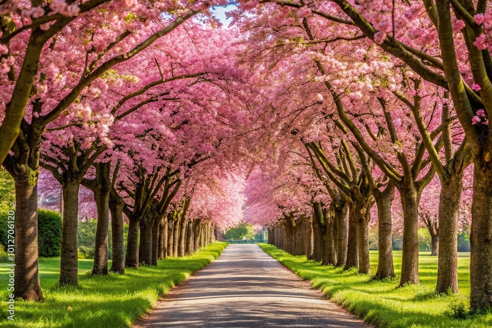 Forced perspective photo featuring a path lined with pink and white flowers leading to a tree lined road Forced perspective photo featuring a path lined with pink and white flowers leading to a tree lined road