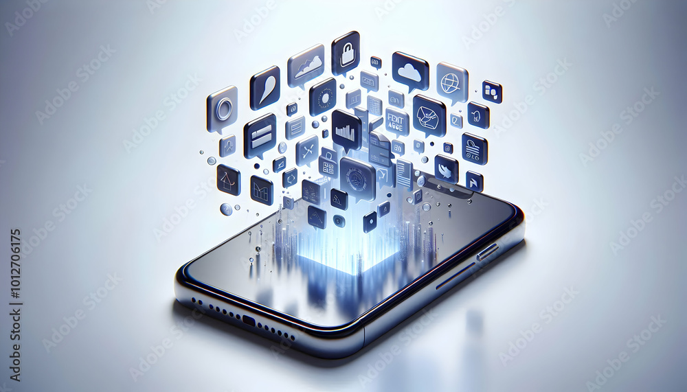 3D Holographic Smartphone with Floating Glowing App Icons - Sleek Glossy Design & Blank Copy Space for Branding on Isolated White Background 3D Holographic Smartphone with Floating Glowing App Icons - Sleek Glossy Design & Blank Copy Space for Branding on Isolated White Background
