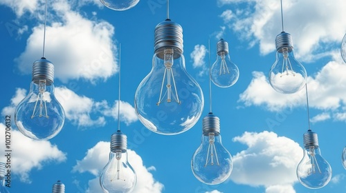A serene sky filled with floating light bulbs against a backdrop of soft, fluffy clouds, symbolizing ideas and inspiration.