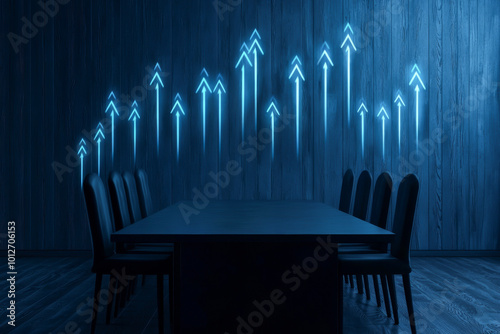 A modern conference room featuring a dark table and illuminated blue arrow graphics signaling growth and progress. photo