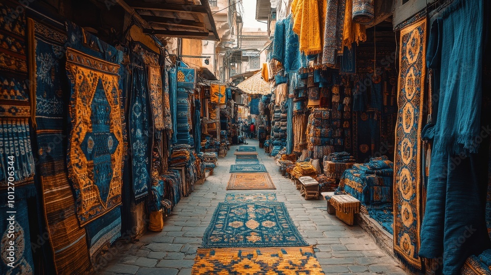 Fototapeta premium A vibrant marketplace with stalls draped in indigo fabrics, showcasing the rich cultural history and depth of the color blue in textiles.