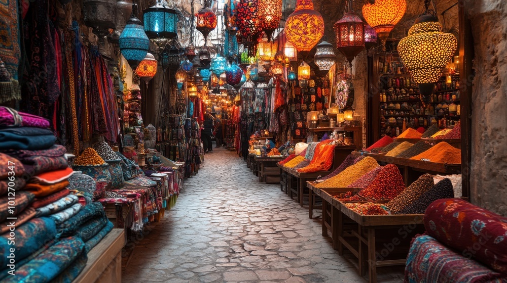 Obraz premium An animated market scene in Istanbul, Turkey, featuring ornate lanterns hanging above, colorful textiles, and fragrant spices.