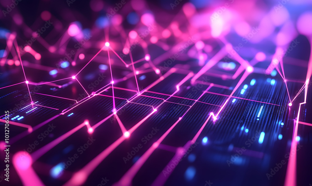 Futuristic financial dashboards and luxury business charts with glowing neon lines, gold accents, and connected nodes for corporate branding.