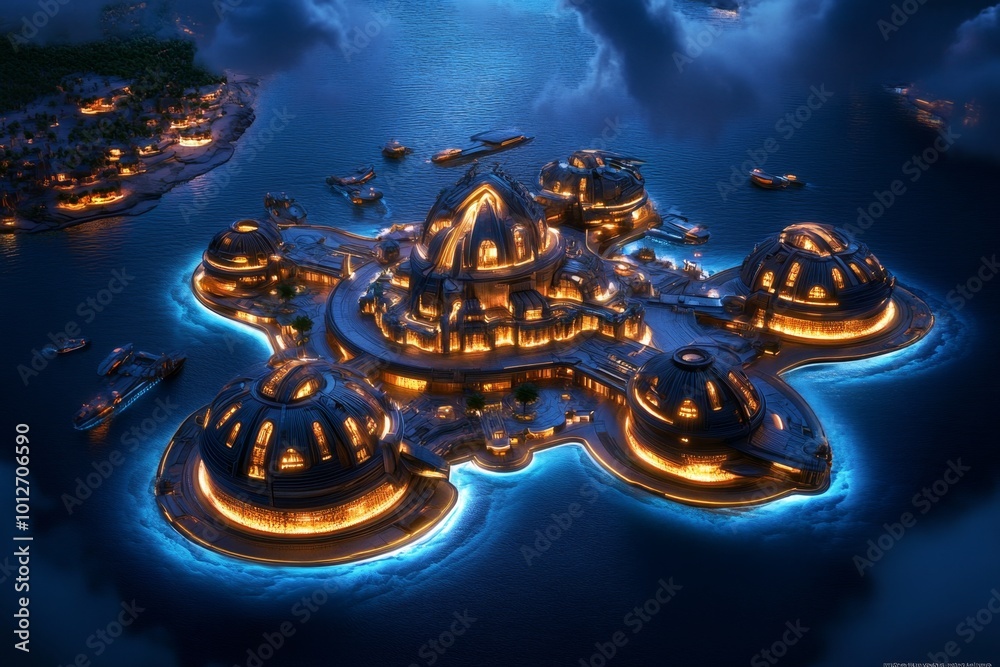 Fototapeta premium Fantasy futuristic city in tomorrowâ€™s world, with floating islands, glowing buildings, and flying ships powered by mystical energy