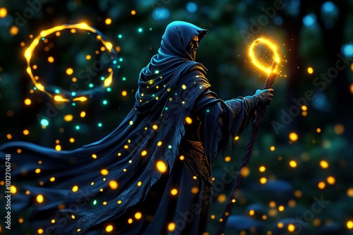 Fantasy of a homeless wanderer shown by a mystical traveler with tattered robes, holding a glowing staff in a magical forest